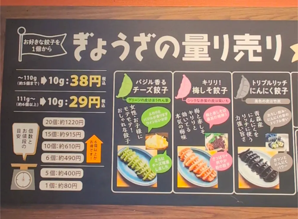 ぎょうざの横濱黄河の量り売りメニュー看板