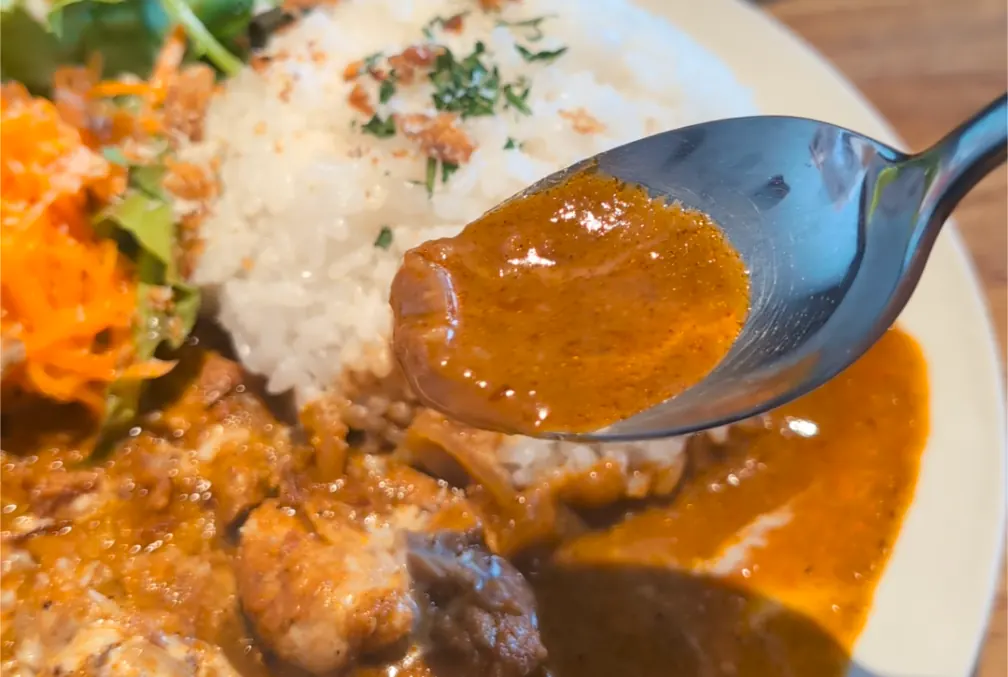 スリランカカレーをすくったスプーンのアップ|スパイスの効いた戸塚の限定カレー