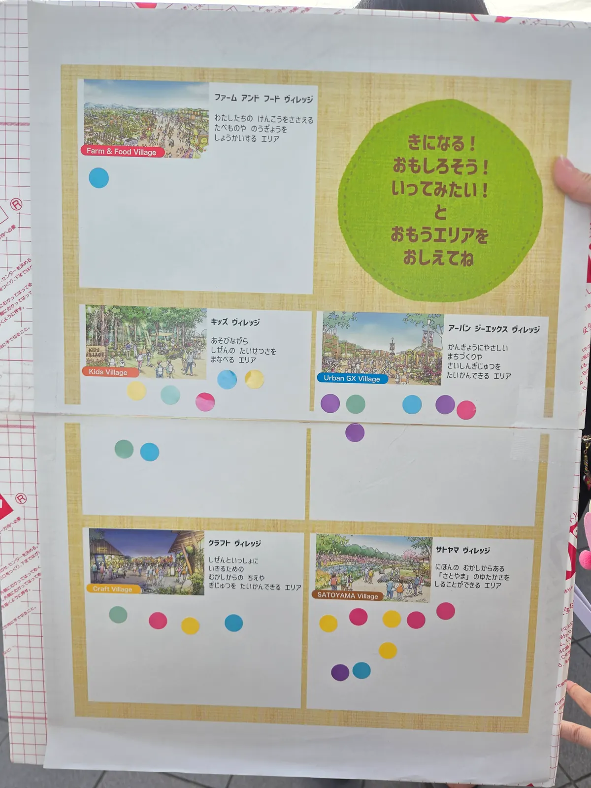 GREEN×EXPO 2027の行ってみたいエリアを選ぶシール投票ボード|Kids Village・SATOYAMA Villageなど5つのVillage